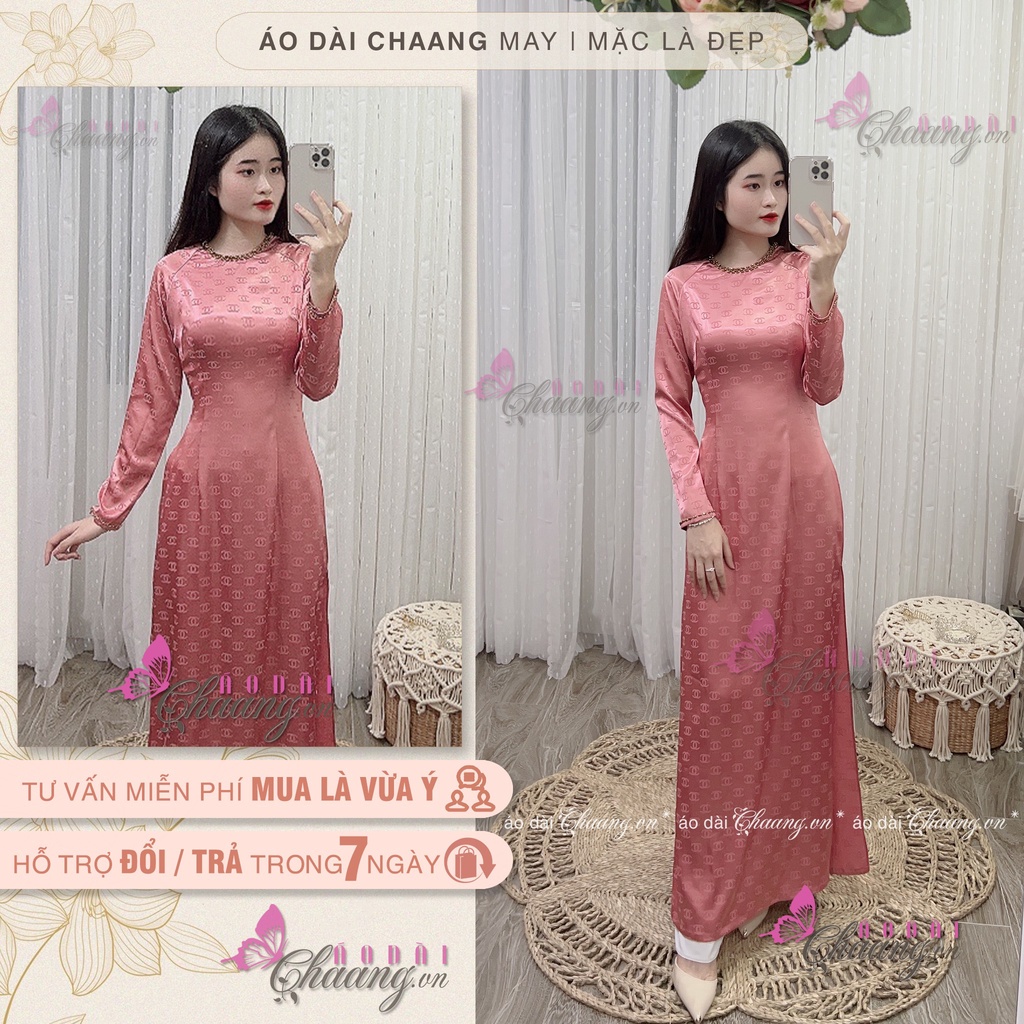 Áo dài gấm pha lê cổ tròn CHAANG may kiểu cổ trong đính dá pha lê, vải gấm dệt họa tiết đẹp