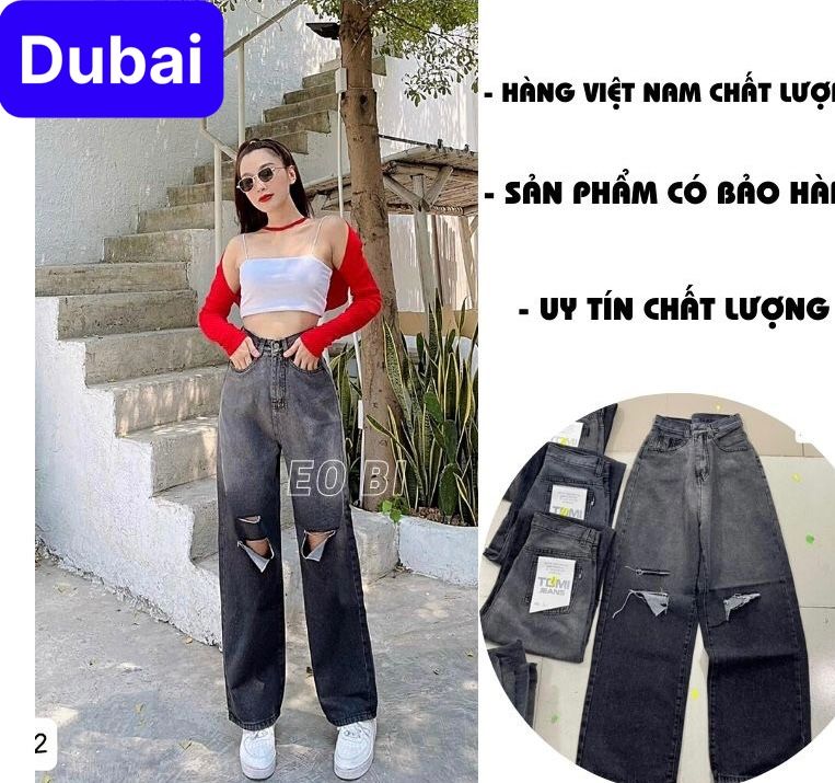 QUẦN JEANS CHẤT BÒ  ỐNG SUÔNG RỘNG RÁCH LOANG 2 MÀU ĐEN CẠP CAO DÀI CHÂN SIÊU TÔN DÁNG SANG CHẢNH MÙA HÈ - DUBAI FASHION