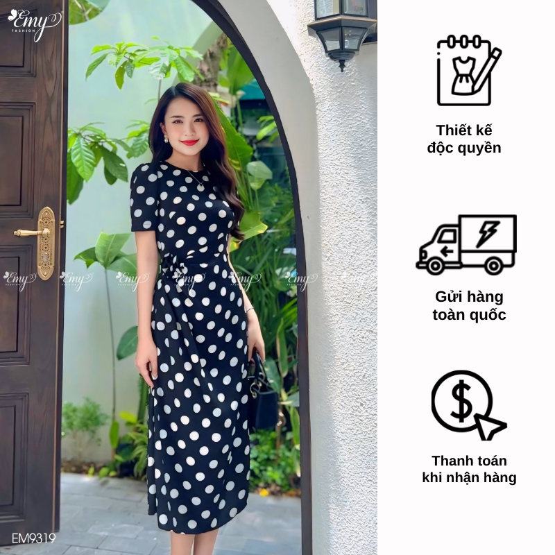 Đầm EMY EM9319 Xoè Chấm Bi Xanh Đen