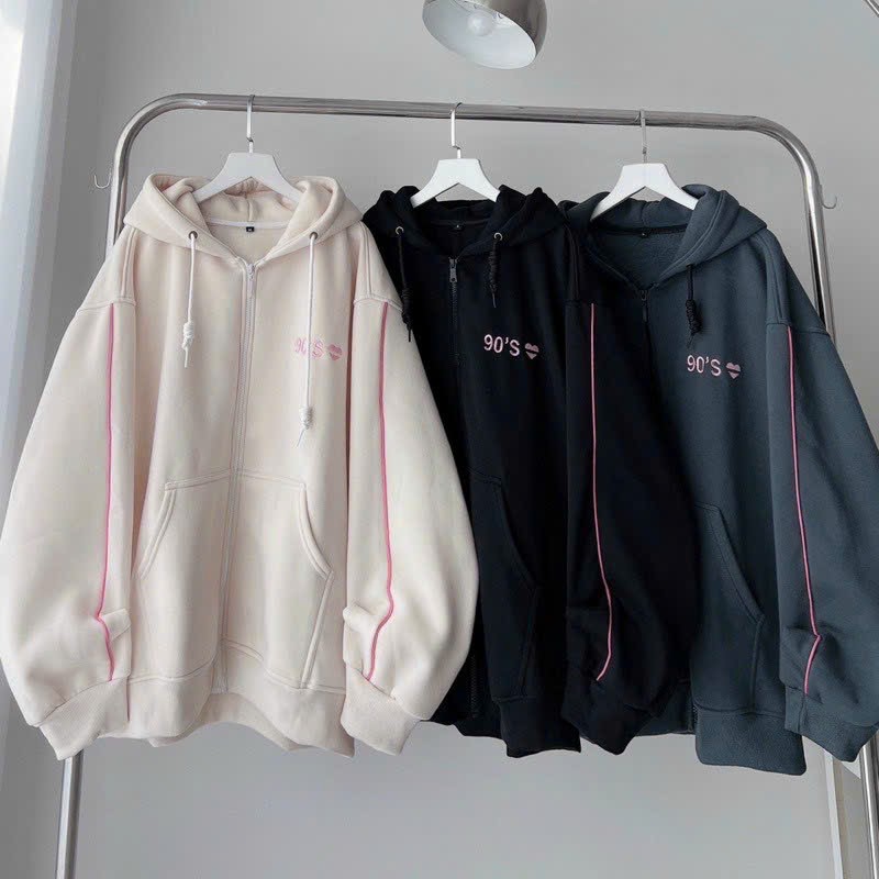 Áo khoác hoodie dây kéo Nam nữ hình thêu tim 90s chất nỉ ngoại nón 2 lớp phối line y hình mẫu MChoodie939 939