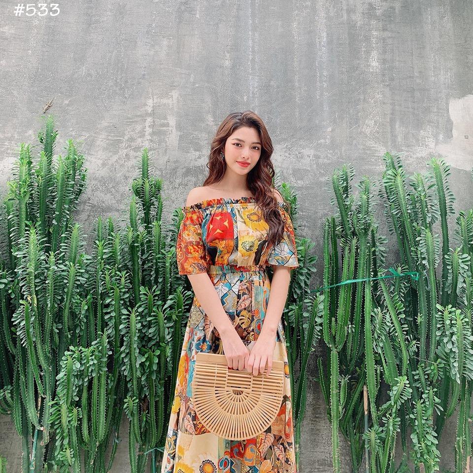Đâm Maxi Thổ Cẩm Trễ Vai Bohemian
