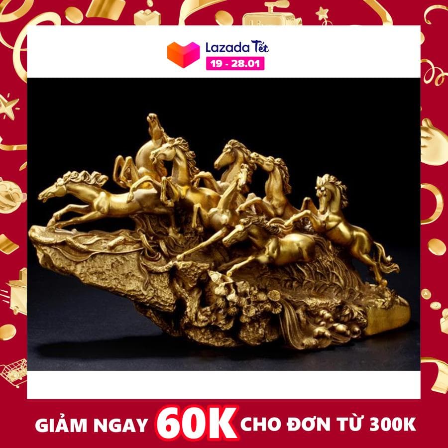 Tượng Mã Đáo Thành Công (bát mã) bằng đồng thau dài 29cm nặng 1900g - Linh vật phong thuỷ may mắn tài vận thành công trong sự nghiệp