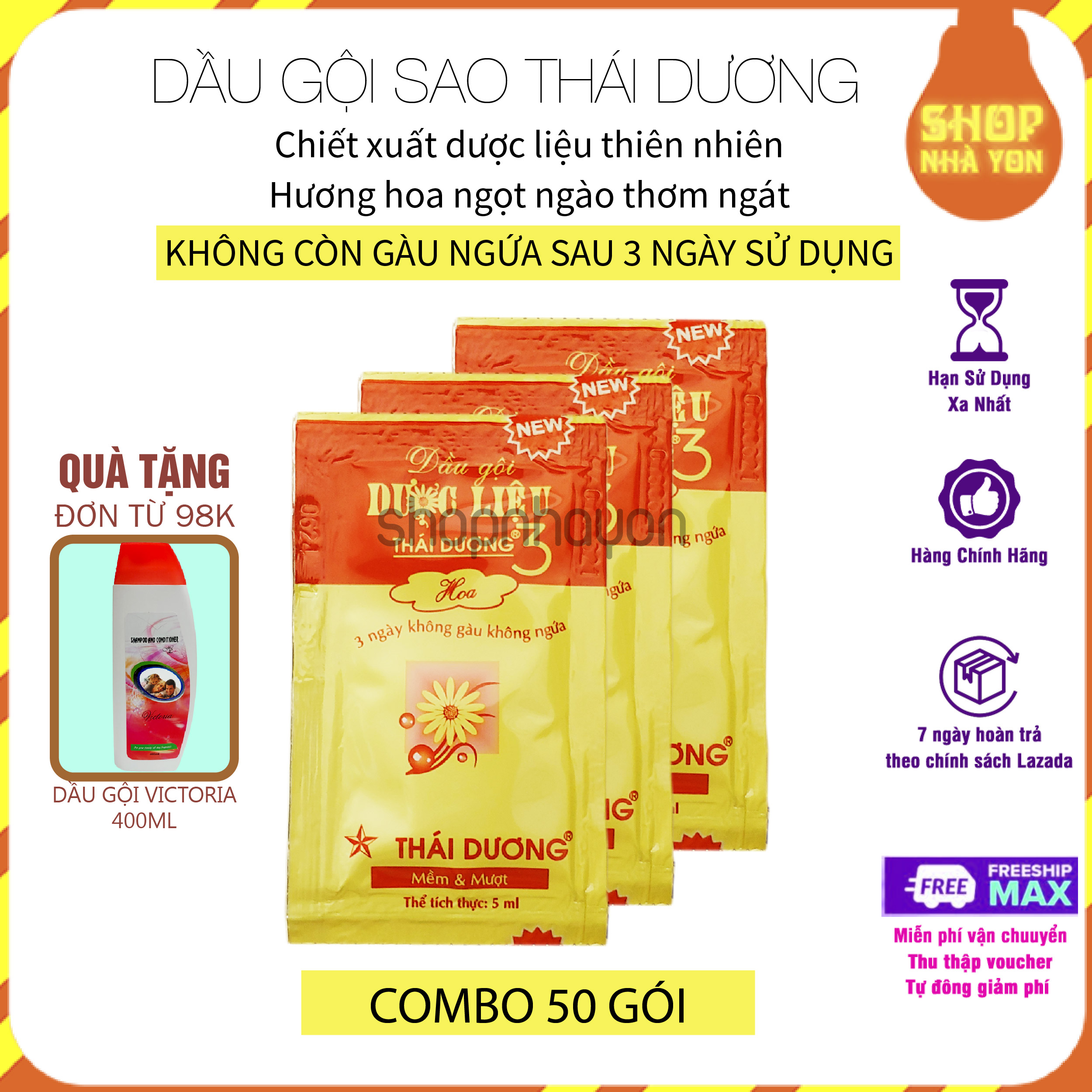 Combo 50 bịch dầu gội dược liệu Thái Dương 3 giảm gàu hiệu quả hương hoa cam kết 100% chính hãng (10 bịch/dây)