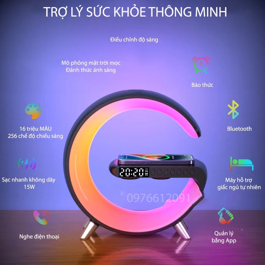 Loa nghe nhạc bluetooth quản lý bằng app , Đèn ngủ decor phòng ngủ đa sắc cảm biến theo nhạc, Đế sạc dự phòng không dây siêu tiện lợi, Đồng hồ báo thức thông minh hình chữ G NIMOCHA