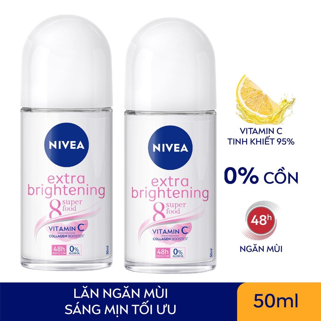 Combo 2 Lăn Ngăn Mùi Trắng Mịn Mờ Vết Thâm Nivea Extra Brightening Roll-on 50ml