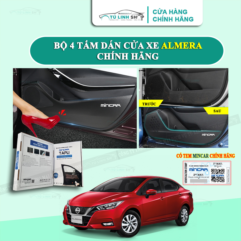 Bộ 4 Tấm dán Tapli xe ALMERA chính hãng MINCAR, chống xước tapi cửa ô tô bằng Carbon Air Fiber cao cấp