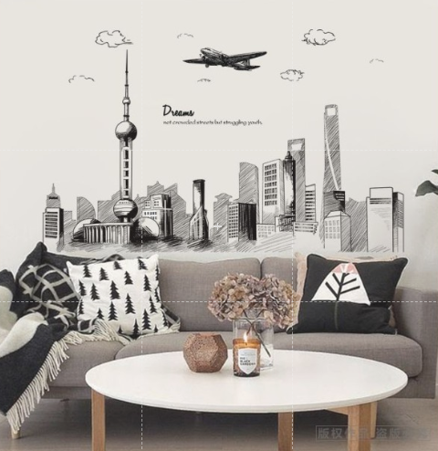 Decal trang trí tường - Thành Phố Tranh Vẽ Đen Trắng size lớn
