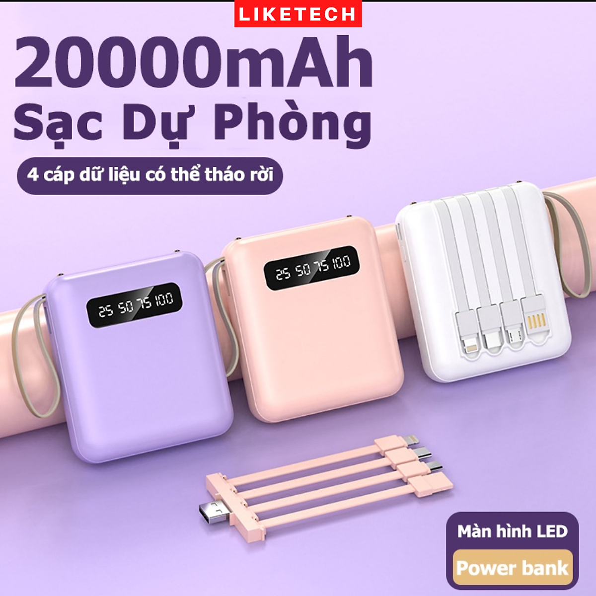 PIN SẠC DỰ PHÒNG 20000MAH DI ĐỘNG VỚI ĐÈN LED, ĐI KÈM 4 DÂY CÓ THỂ THÁO RỜI - SẠC AN TOÀN - NHANH CẤP TỐC