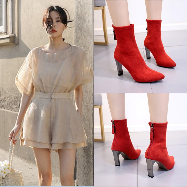 [HCM]Giày Boot Nữ Cổ Lửng Đế 8Cm Da Lộn Màu Đỏ GBMN-01R2