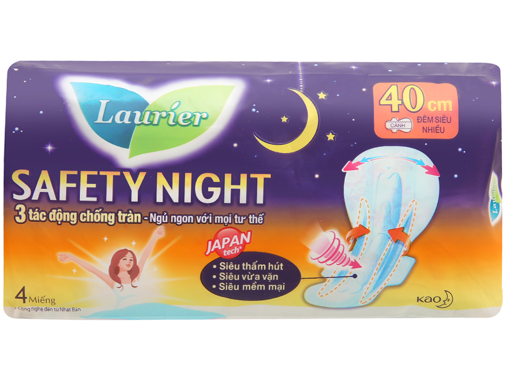 Băng vệ sinh ban đêm Laurier Safety Night siêu an toàn 4 miếng 40cm