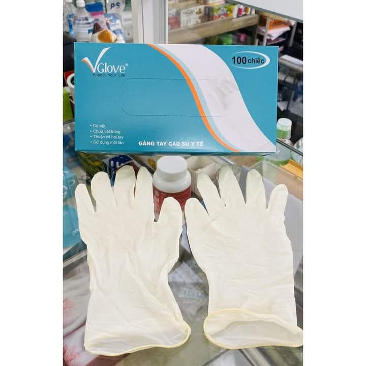Hộp 100 Cái Găng Tay Cao Su Y Tế Có Bột Màu Kem VGLOVE Khải Hoàn Size XS-S-M-L Thông Dụng Sử Dụng Trong Thẩm Mỹ, Nha Khoa, Phun Xăm