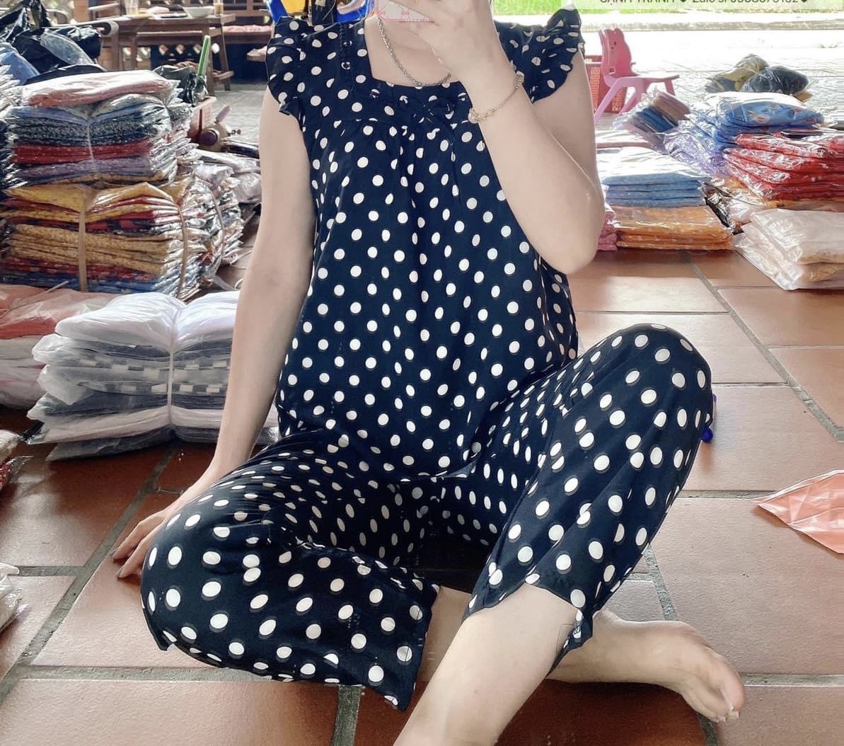 Set đồ nữ chấm bi tay cánh tiên siêu dễ thương Size M.XXL