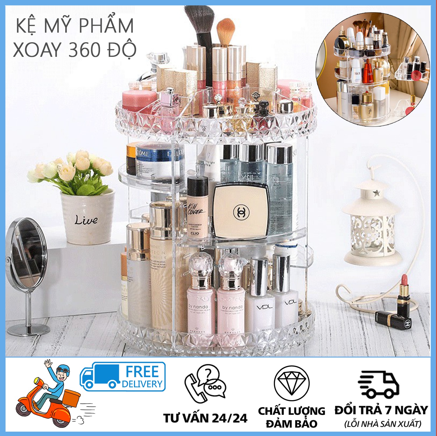 (B)Kệ đựng mỹ phẩm - Xoay 360 độ - Kệ mỹ phẩm, kệ mỹ phẩm 3 tầng- Kệ mỹ đựng phẩm xoay 360 độ - Chất liệu nhựa trong suốt chắc chắn - ĐỔI TRẢ 7 NGÀY