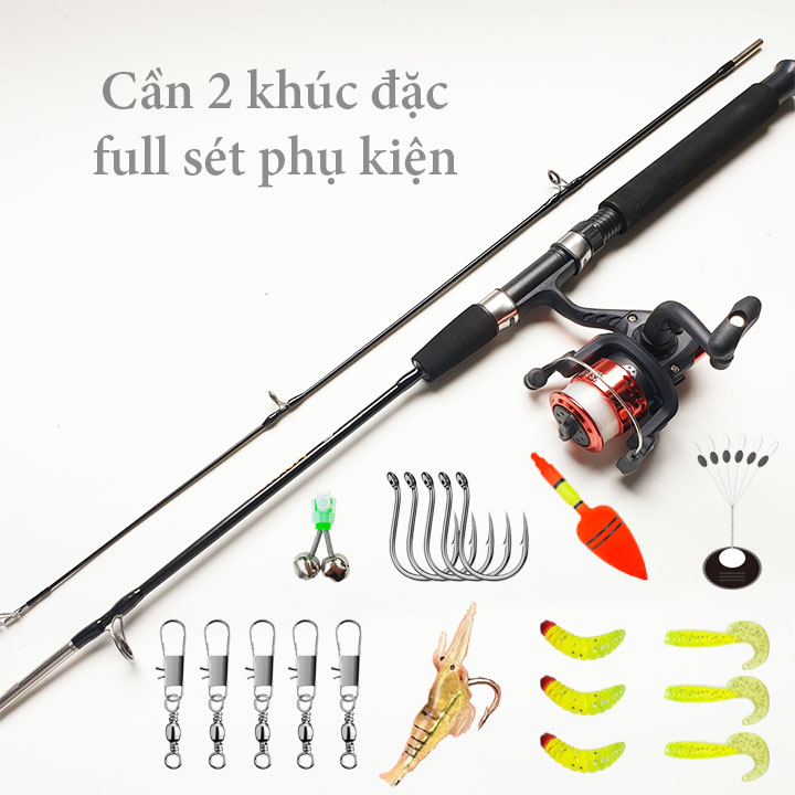 Bộ cần câu máy cần câu 2 khúc đặc kèm + máy câu 200 cuốn sẵn cước + full set phụ kiện - bộ cần câu máy 2 khúc