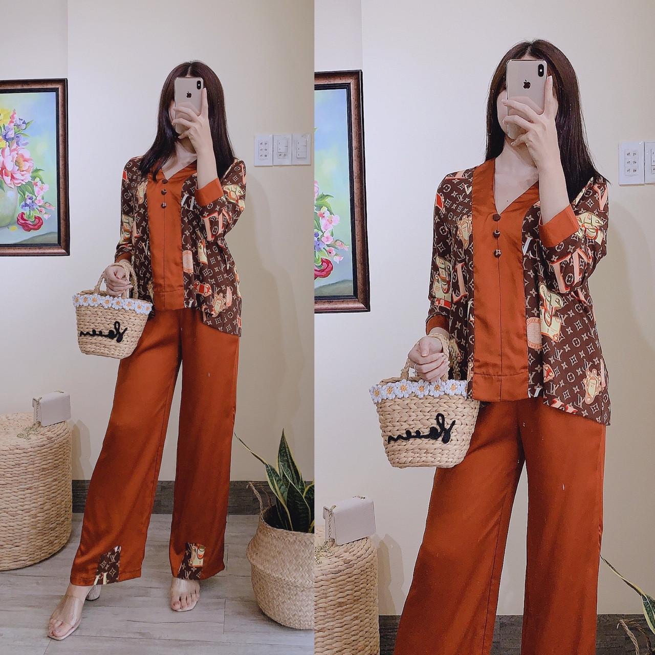 Sét bộ bà ba in hoa sen +quần ống rộng lụa mềm-TS