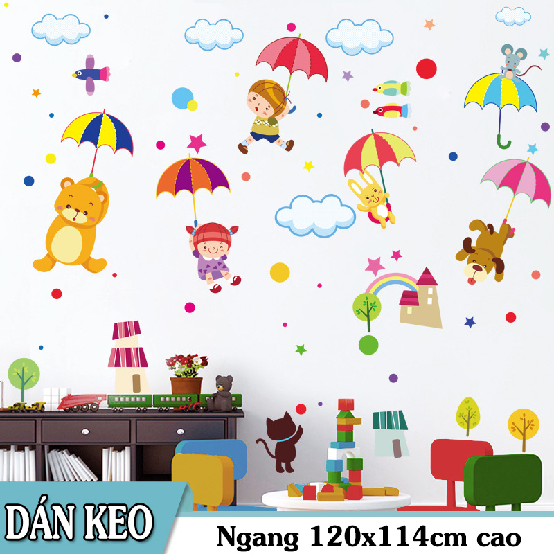 Decal trang trí Thú Nhảy Dù sắc màu cho Bé