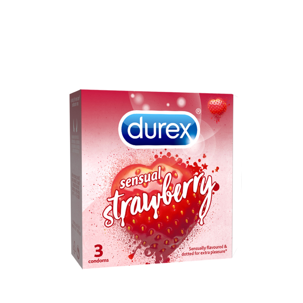 [Voucher giảm tối đa 45K đơn từ 349K] Bao cao su Durex Sensual Strawberry hương dâu (size 52mm, hộp 3 bao)