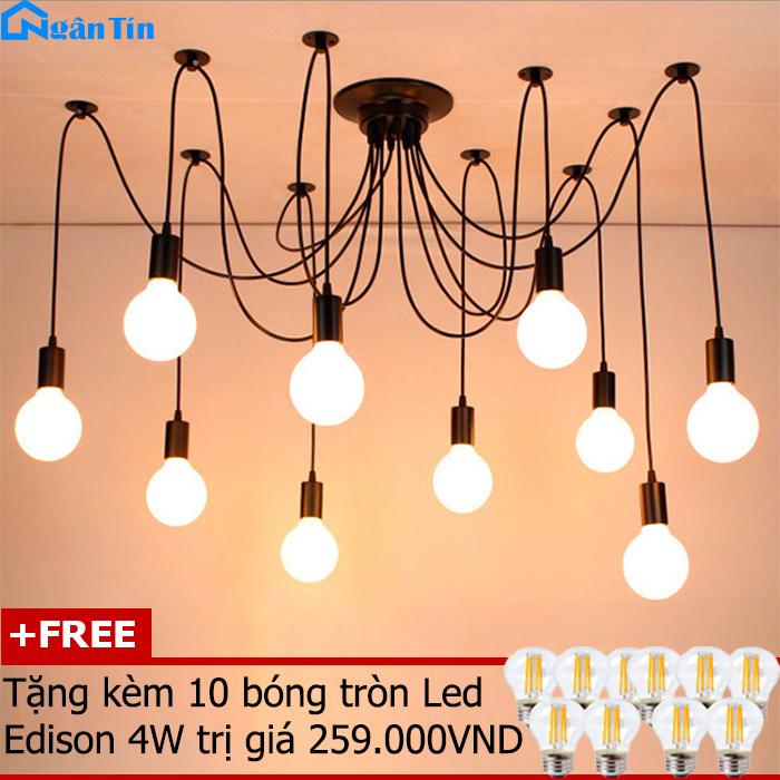 Bộ 10 dây đèn thả trần kiểu nhện trang trí nhà quán cà phê THCN136 (Tặng kèm 10 bóng tròn Led Edison 4W)