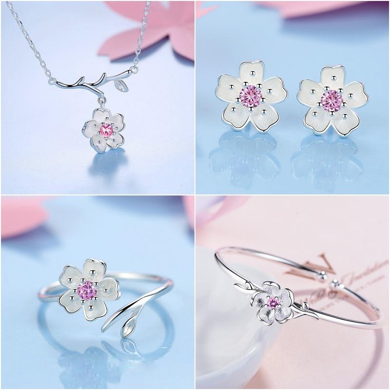 Bộ trang sức hoa Anh Đào nhụy hồng bạc 925 4 món Set1- Phụ kiên thời trang việt