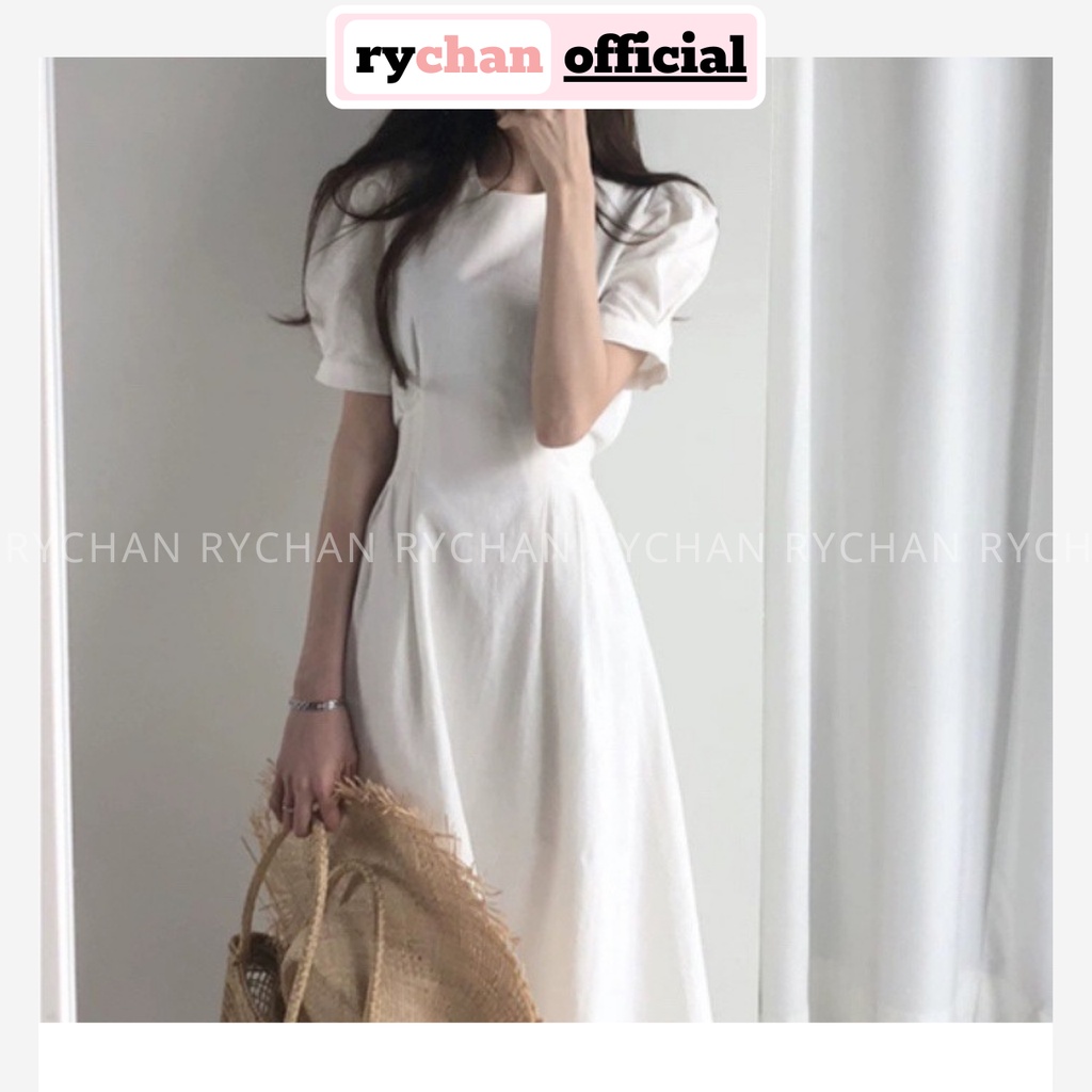 Đầm Xòe Midi Tay Phồng Cột Eo 2 Màu Đơn Giản  - DX0069