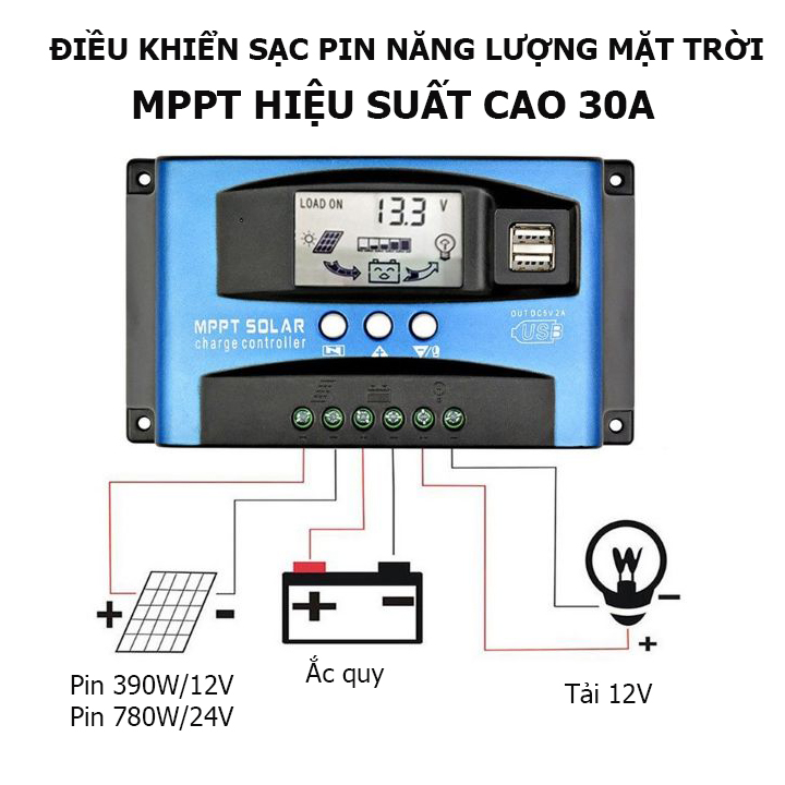 Bộ điều khiển sạc pin năng lượng mặt trời 30A 12v 24v MPPT- Sạc pin LITHIUM, GEL, AMG