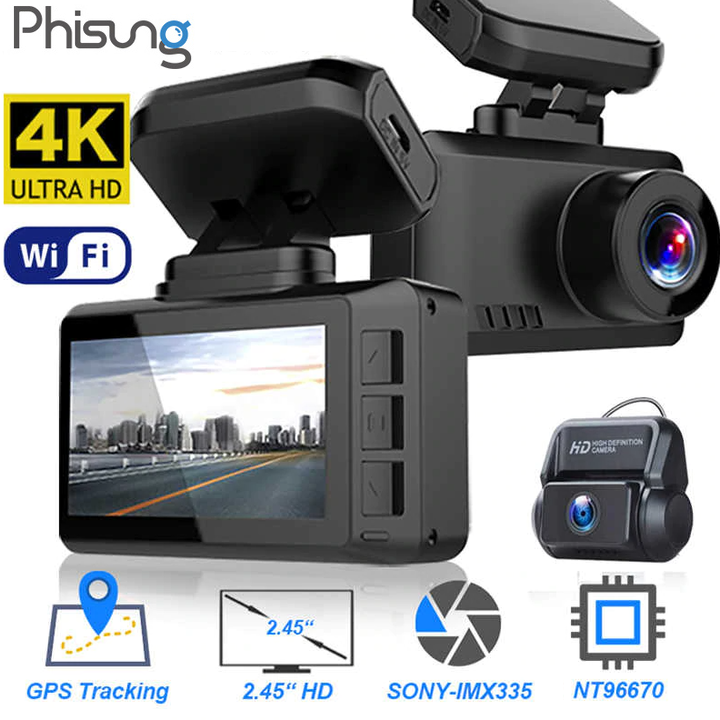 Camera hành trình ô tô cao cấp thương hiệu Phisung độ phân giải 4K, Wifi, màn hình 2.45 inch - Camera trước: 2160P, góc quay 170° - Camera sau: 1080P - Mã: G3