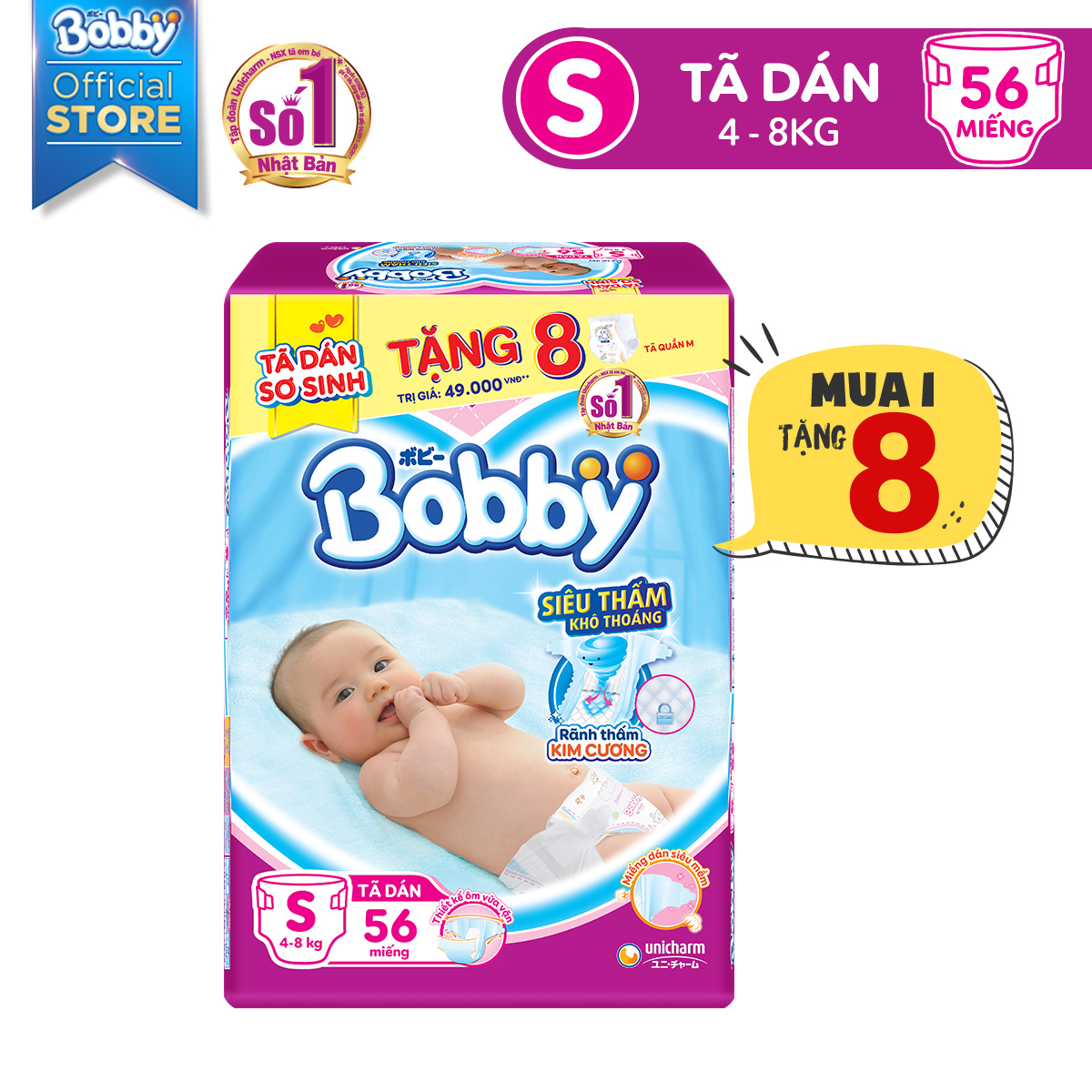 TPHCM - [Tặng thêm 8 miếng tã quần size M] Tã Bỉm Dán Bobby Sơ Sinh S56 (56 Miếng) cho bé 4-8kg