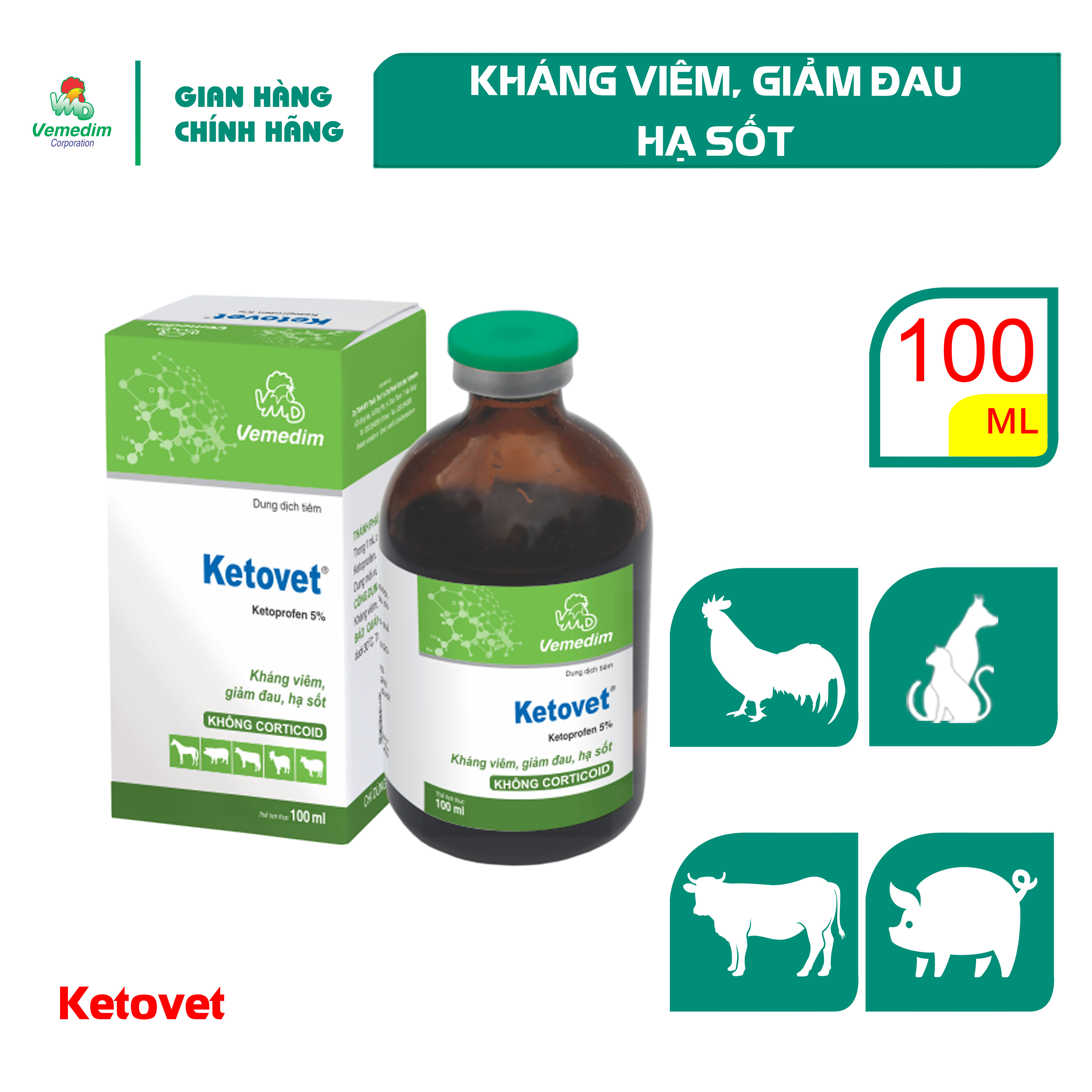 "Hoàn tiền đến 10%" Vemedim Ketovet - hạ sốt cho chó, mèo và gia súc, chai 100ml