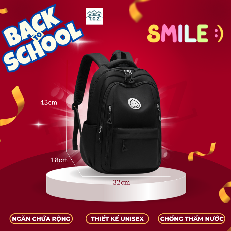 (Hàng sẵn) Balo đi học 3 màu hình mặt cười có ngăn đựng laptop, balo du lịch đi chơi Smile nam nữ nhiều ngăn siêu to phong cách thời trang hiện đại chống nước chống thấm tiện dụng, túi đeo vai nam nữ sức chứa lớn,  ba lô thể thao.