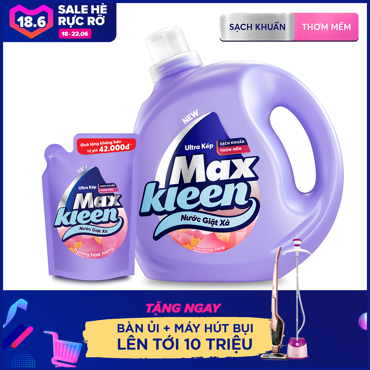 Combo Nước giặt xả Maxkleen hương hoa nắng: 1 Chai 2.4kg + 1 Túi 600g|ProductId:451