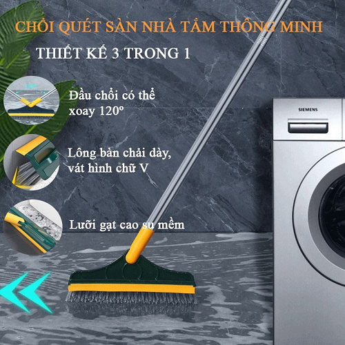 Chổi chà sàn nhà tắm thông minh 2 trong 1 Cây chà sàn nhà tắm thiết kế đầu gạt nước và đầu chổi xoay 120 độ quét nhà siêu sạch mọi góc bẩn HANGGIASI