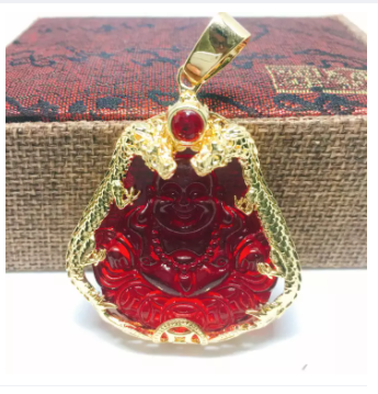 Mạ vàng 18k Mặt dây chuyền bạc Thái mạ vàng Di lạc Song Long đá đỏ, mặt vòng cổ phong thủy, mặt dây chuyền vàng ( màu vàng)