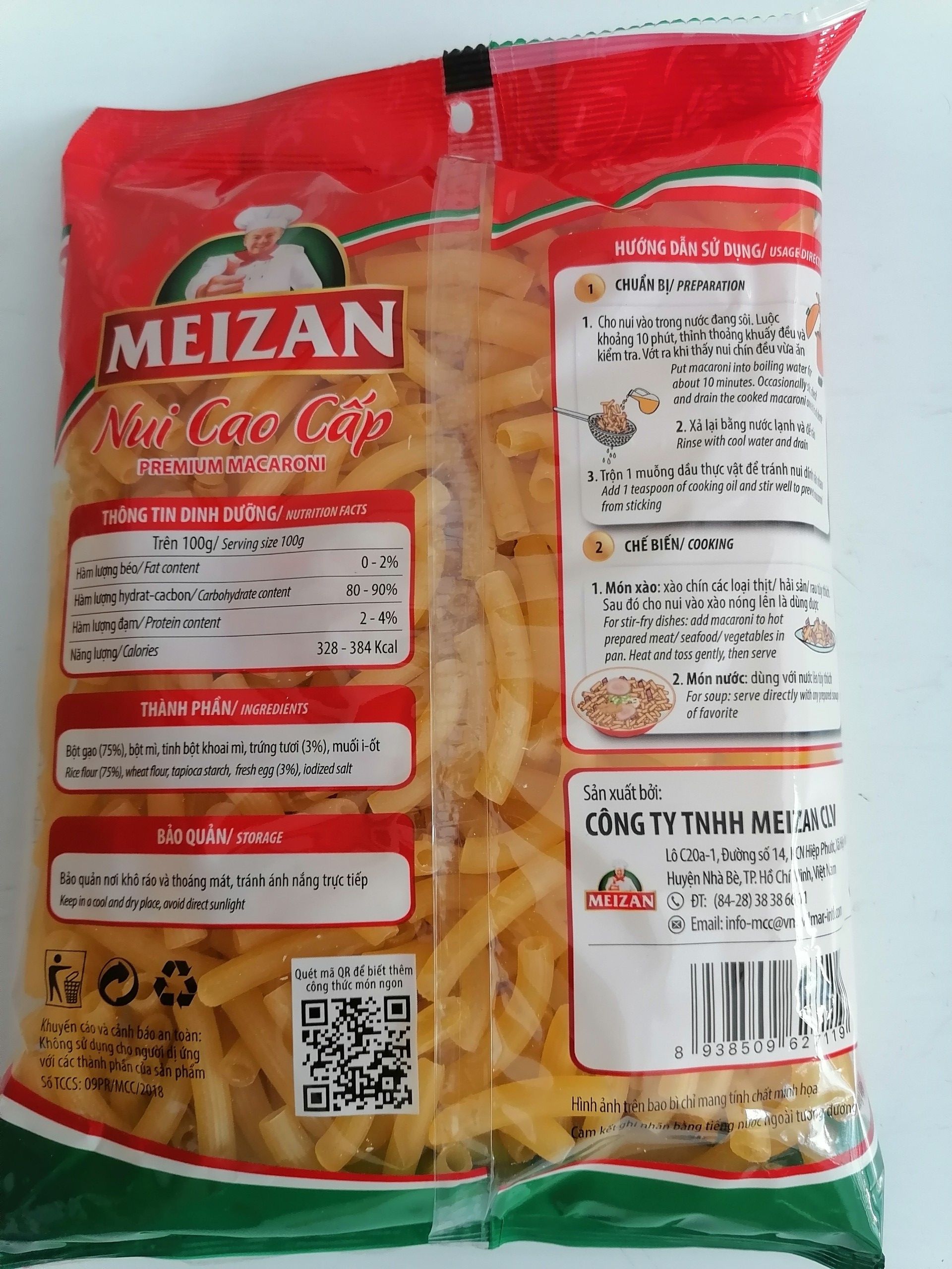 [gói 400g] NUI CAO CẤP (Ống dài) MEIZAN Premium Macaroni (Sedani Rigati)