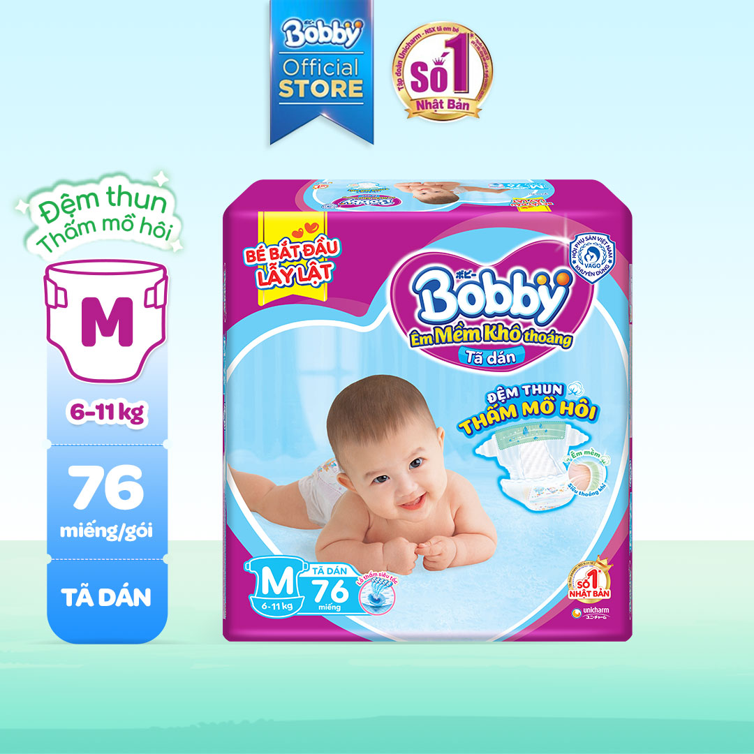 Tã dán Bobby Lõi nén thần kì 3mm Ultra Jumbo Gạo non Giảm nhiệt M76 - 76 miếng