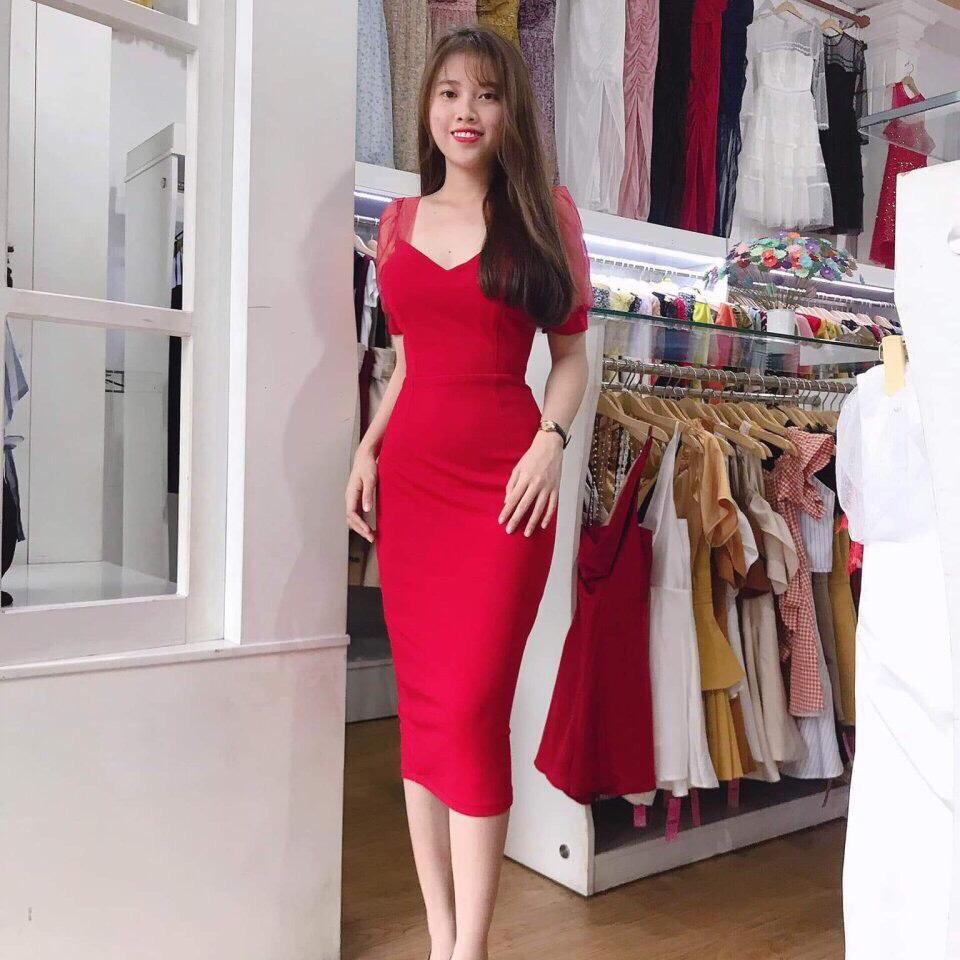 Đầm body tay lưới có mút ngực