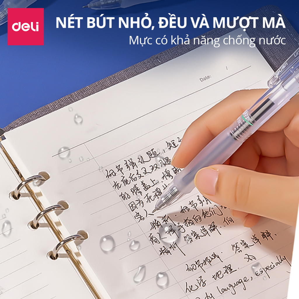 Combo 10 Bút Bi Bấm Mực Gel đen DELI ngòi 0.35mm, Kèm ngòi thay thế, Bút viết mực đen trơn tru, không tắc mực cho học sinh, văn phòng - SA130/A122