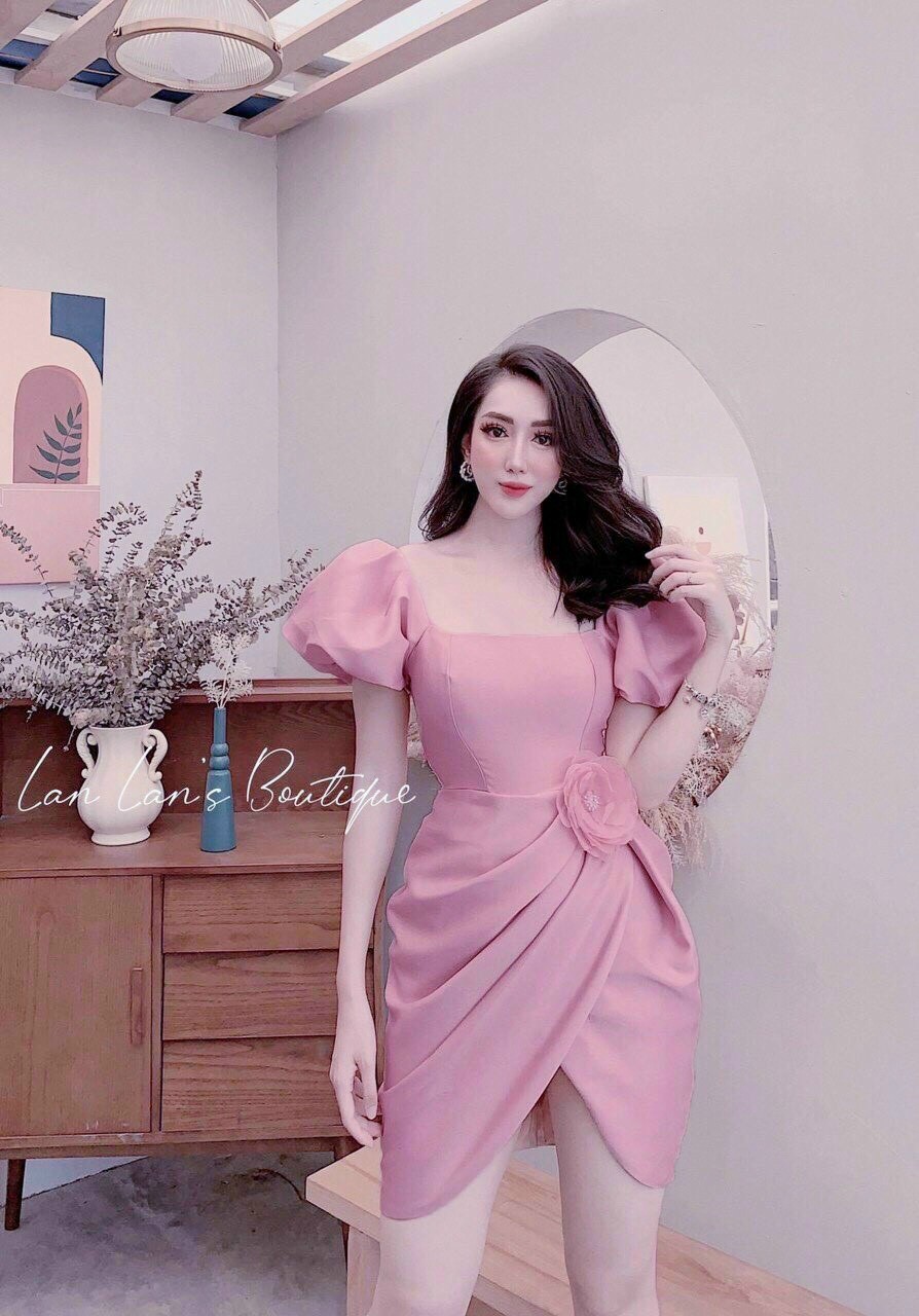 Đầm body vạt chéo tay phồng kết bông eo