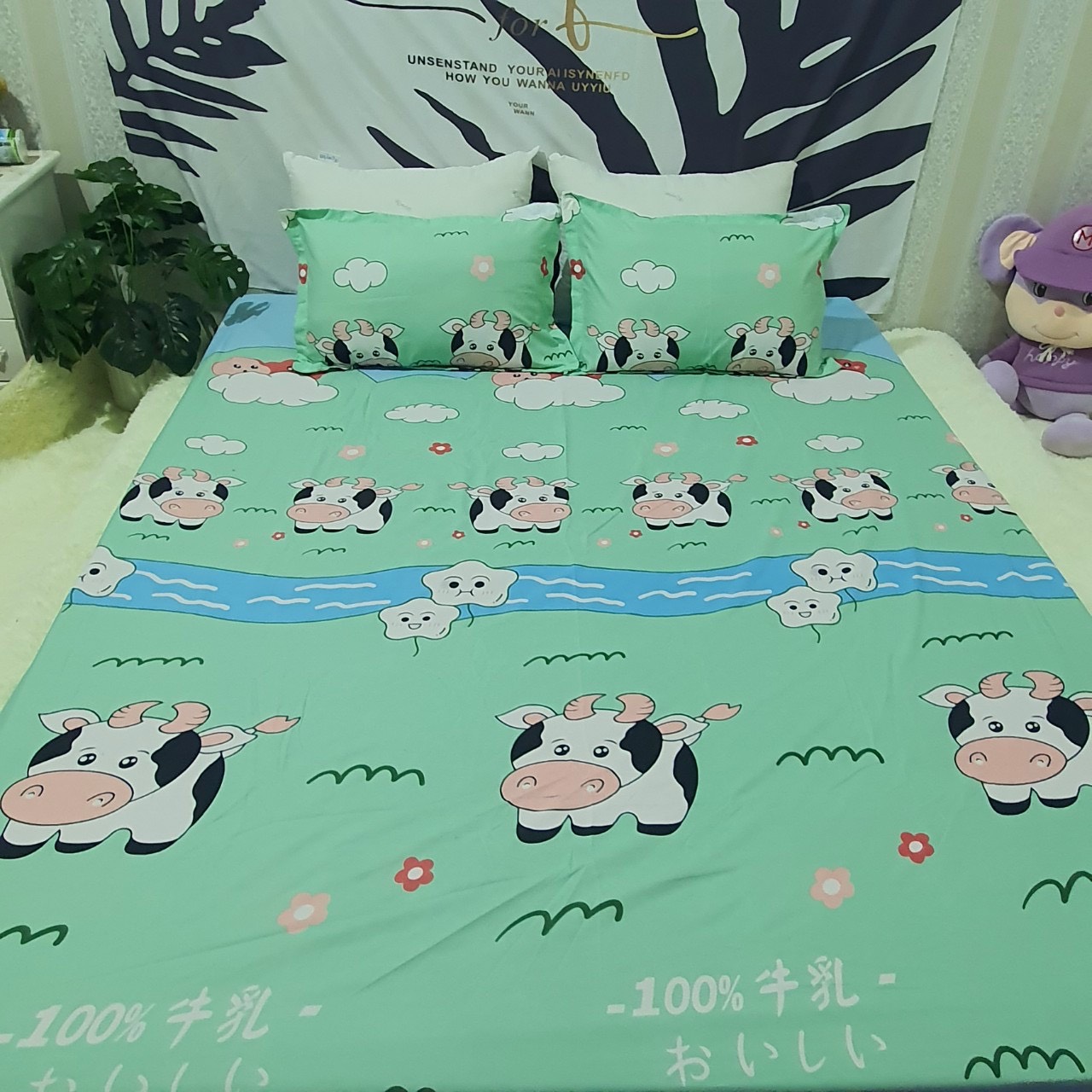 Bộ 3 Món Ga Gối Poly Cotton Thoáng mát, Không bí lưng Mẫu BÒ SỮA XANH