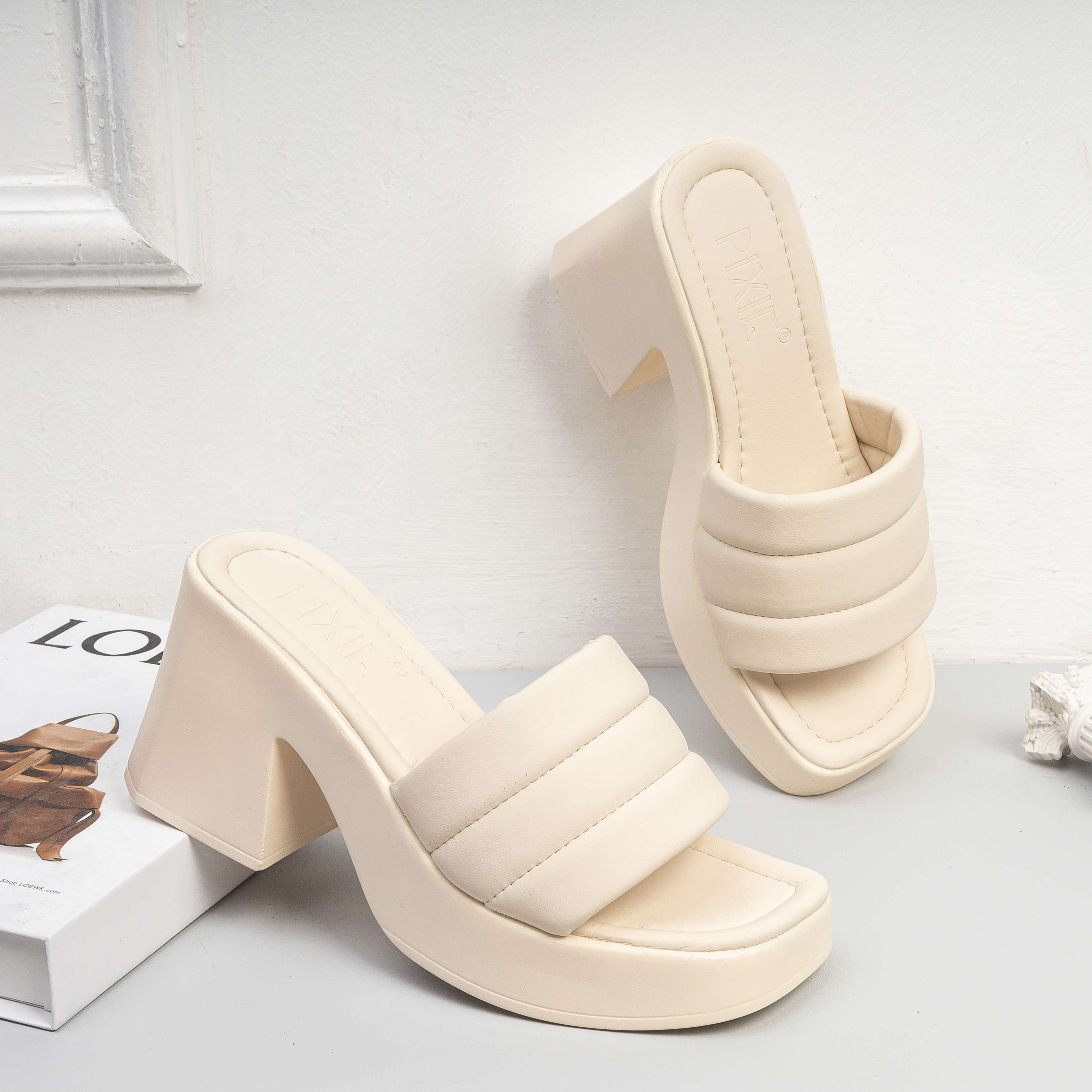 Guốc cao gót 7cm quai kẻ ngang pixie e245