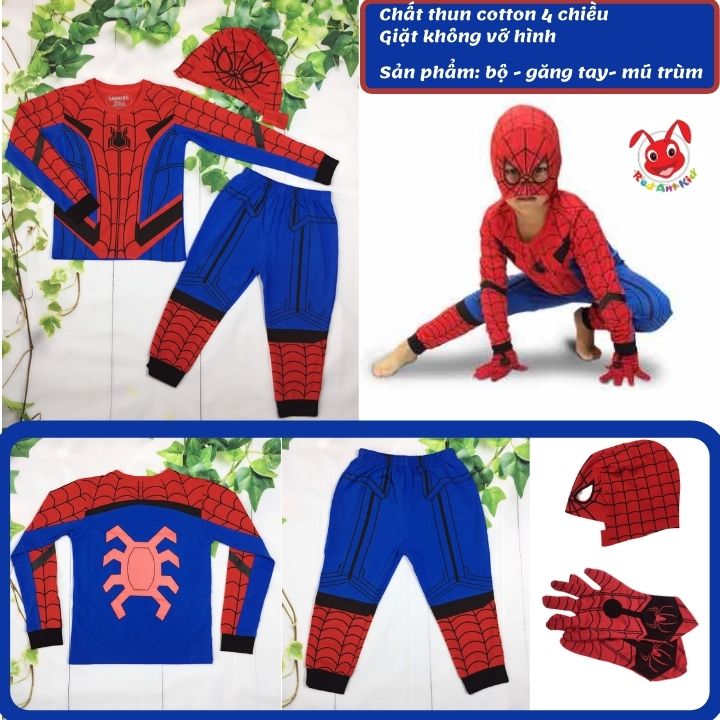 [TẶNG MŨ TRÙM- GĂNG TAY] Đồ bộ bé trai tay dài hình siêu nhân nhện spiderman từ 40-42kg- Bộ đồ siêu nhân - Thun cotton 4 chiều thấm hút mồ hôi - Kiến Lửa
