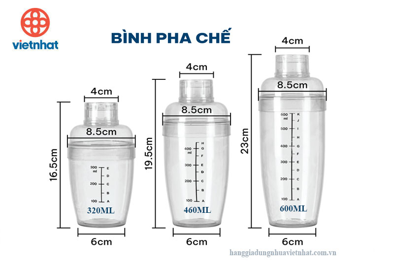 Bình lắc Shaker pha chế nhựa chia vạch đen 320ml-460ml-600ml Việt Nhật