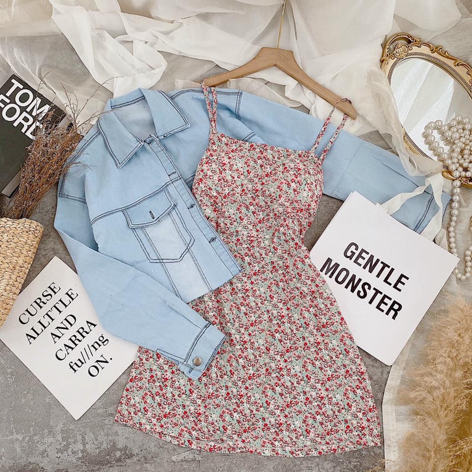 [HCM]Set đầm 2s hoa + khoác crop jean ??