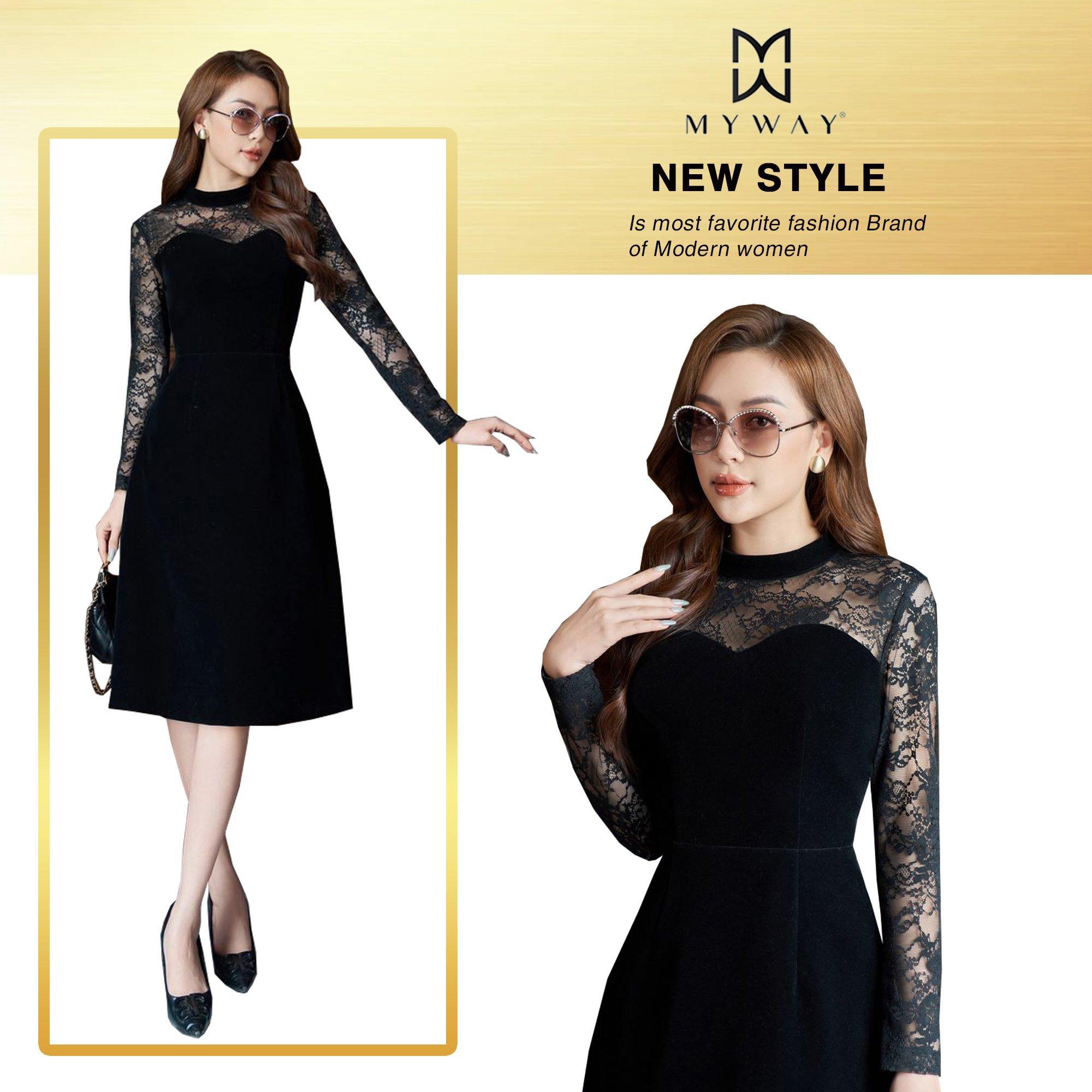 Đầm nhung xòe chữ a cổ tròn tay ren cách điệu 6md06111