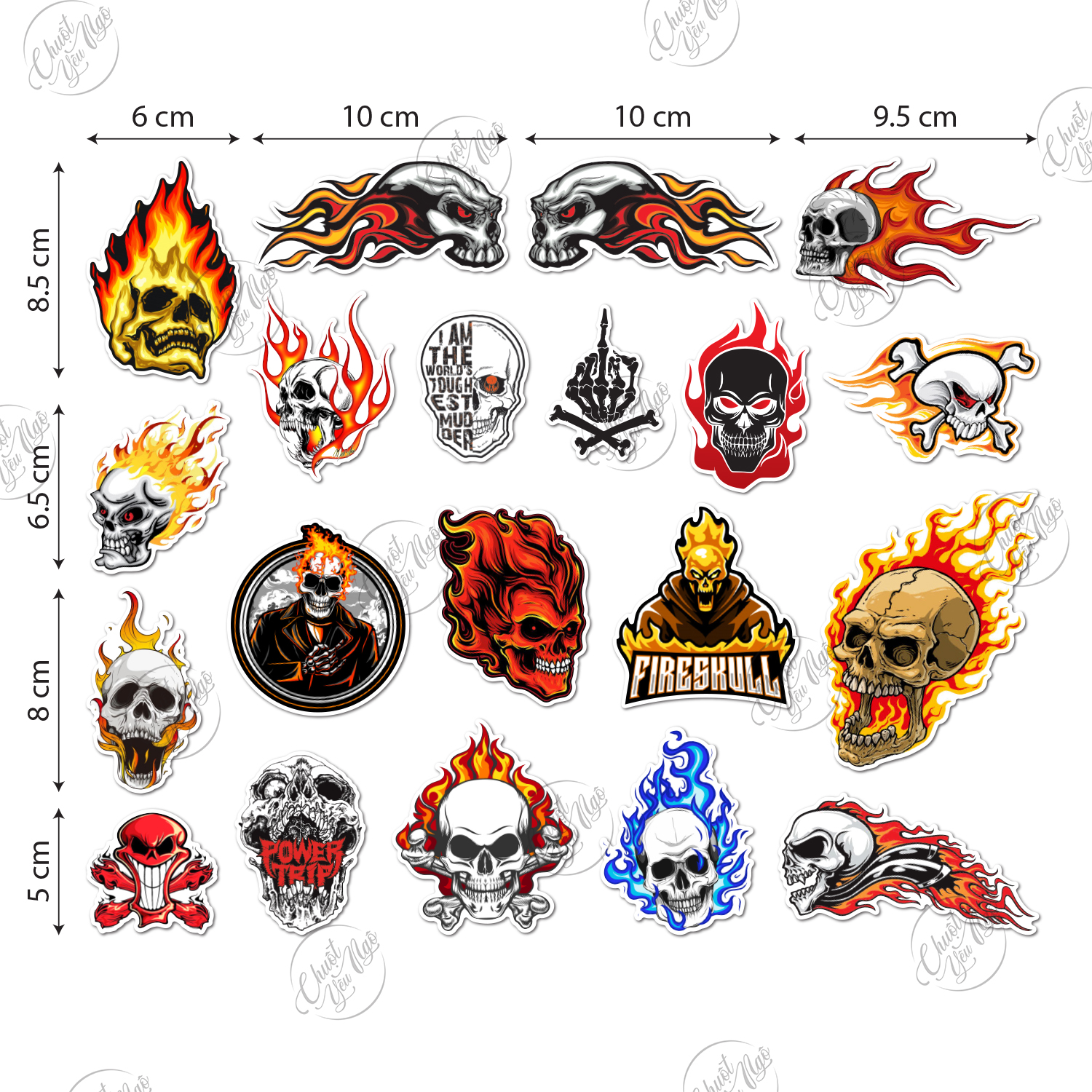 Bộ 20 hình dán decal sticker đầu lâu lửa
