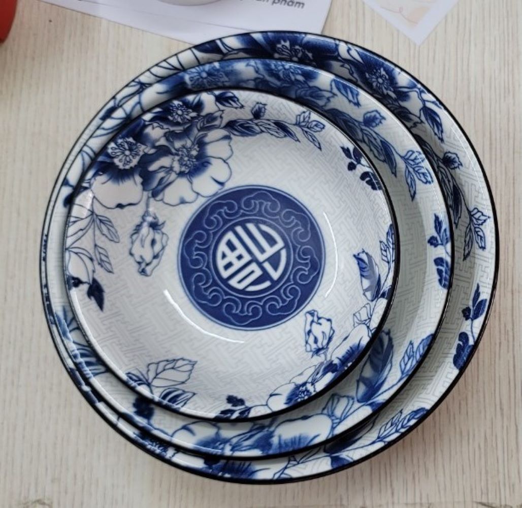 Bộ tô, chén, dĩa gốm sứ hoa văn Chữ Phúc (Gồm 3 Tô kiểu Nhật, 4 Dĩa , 10 Chén cơm)+ Tặng 10 đôi đũa nhựa xoắn 2 đầu