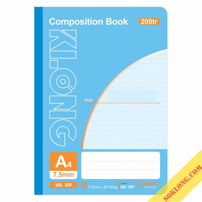 Vở sổ may dán gáy 200 trang A4 không nhòe mực Compostion Book KLong-MS309-VPPKLONG