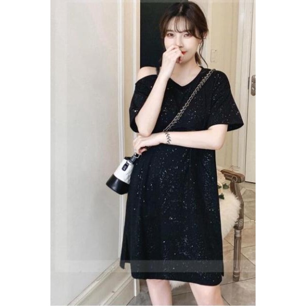 Váy suông nhũ lệch vai cổ tim