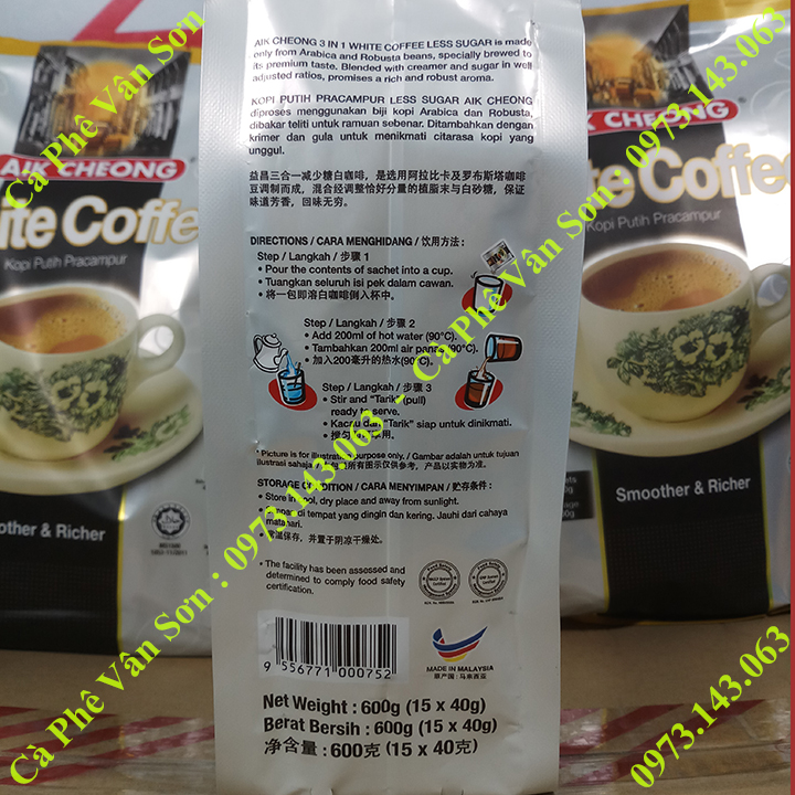 03 bịch Cà phê ít đường Aik Cheong White Coffee (less sugar) 600g (15 gói dài x 40g)