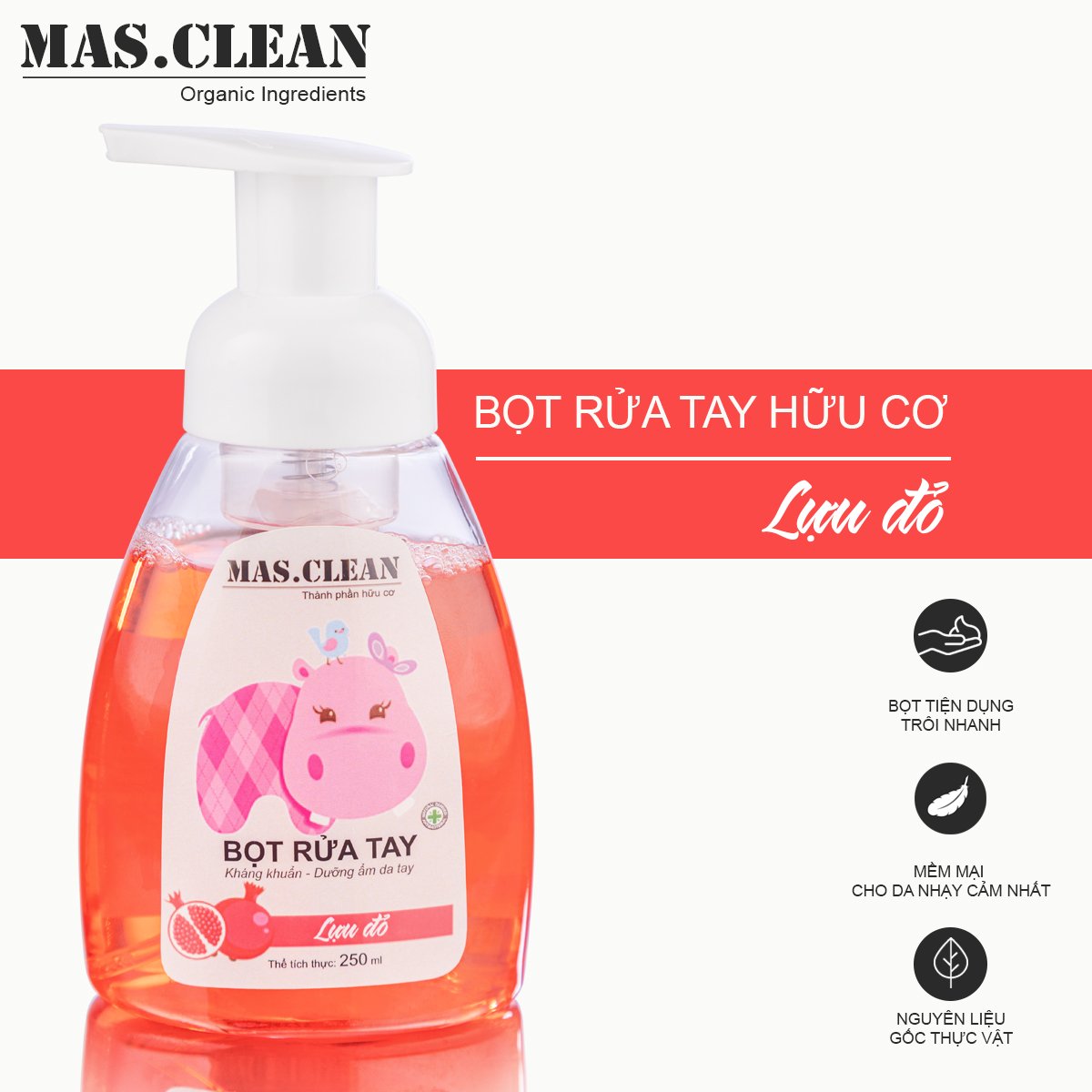 Nước rửa tay bọt hữu cơ Mas.Clean - chai 250ml