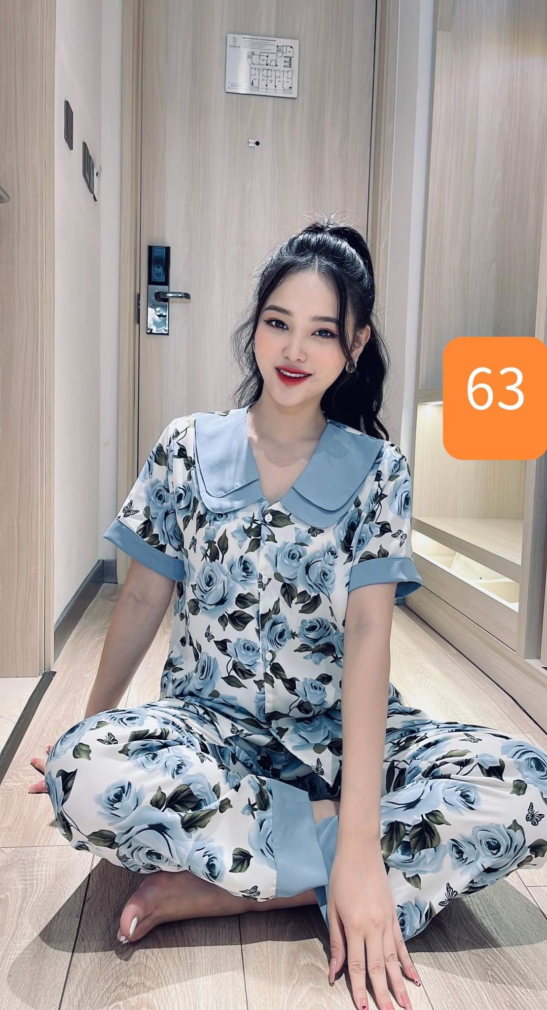 Đồ bộ mặc nhà nữ, pijama vải lụa áo cộc quần dài